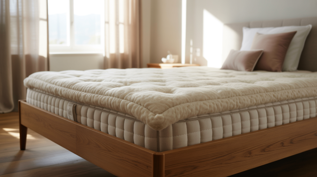 A thick plush organic wool mattress topper on a modern wooden bed frame in a bright bedroom.