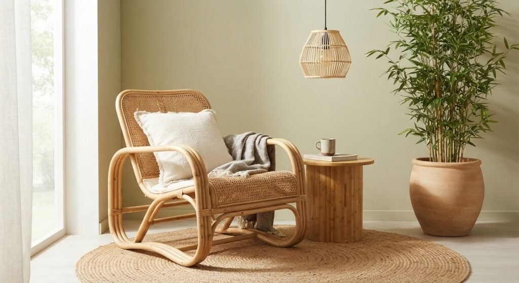 A cozy reading nook featuring a natural rattan armchair, bamboo side table, and a tall potted plant