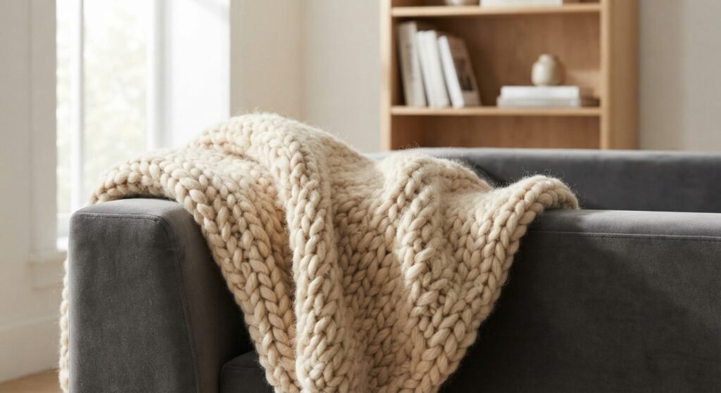 A cozy chunky knit natural wool throw blanket draped over a modern sofa in a warm living room