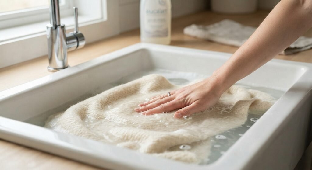 gently hand washing a wool blanket in a basin