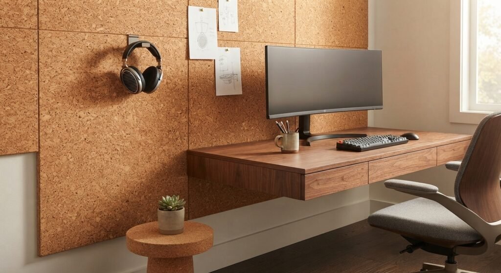 Modern home office workspace featuring textured natural cork wall panels and a walnut desk