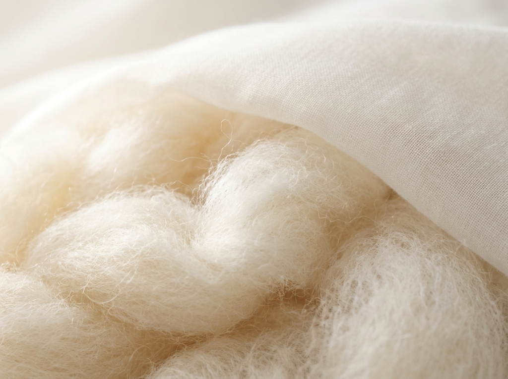 A super close-up macro view of soft organic virgin wool fibers wrapped in fine organic cotton sateen fabric.