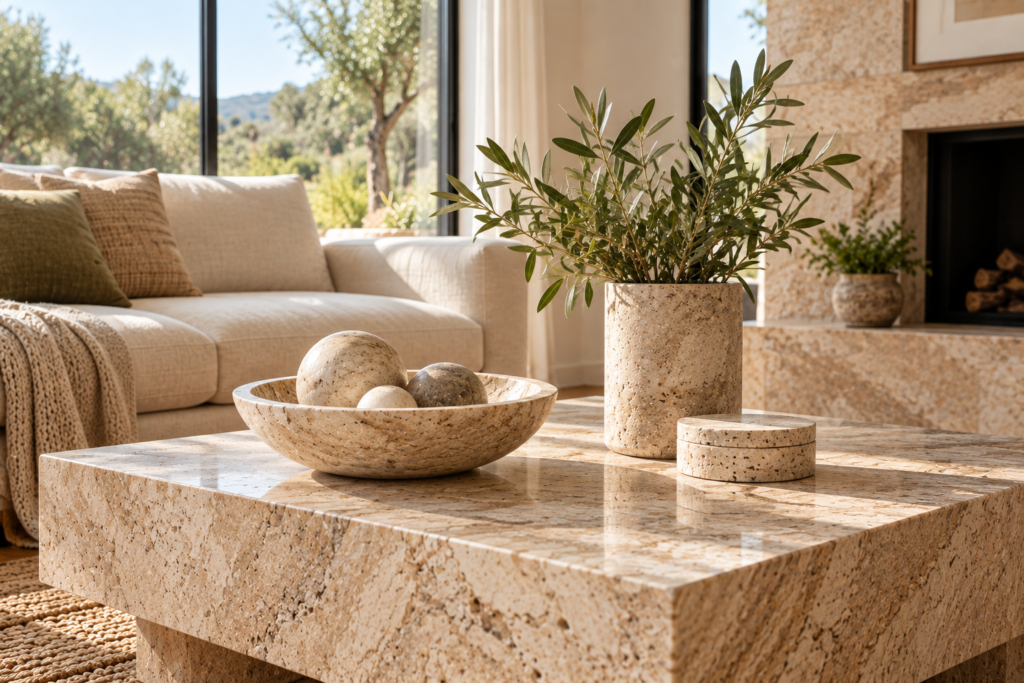 Natural stone coffee table and fireplace in a bright modern living room