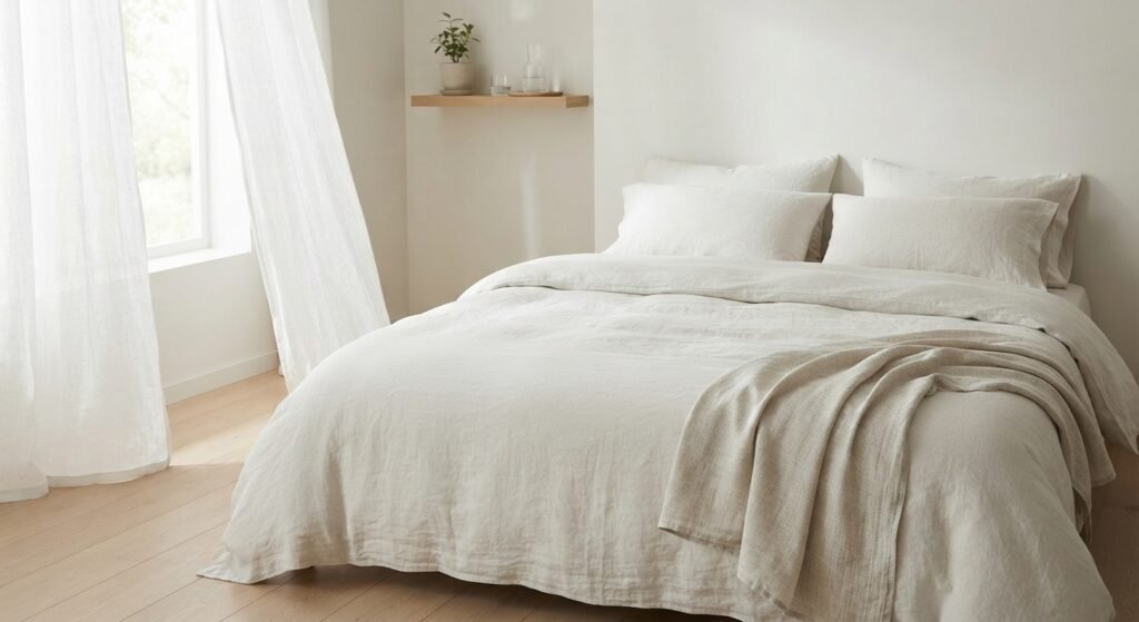 A cozy queen bed dressed in crisp white organic linen bedding with sheer curtains in a calm bedroom