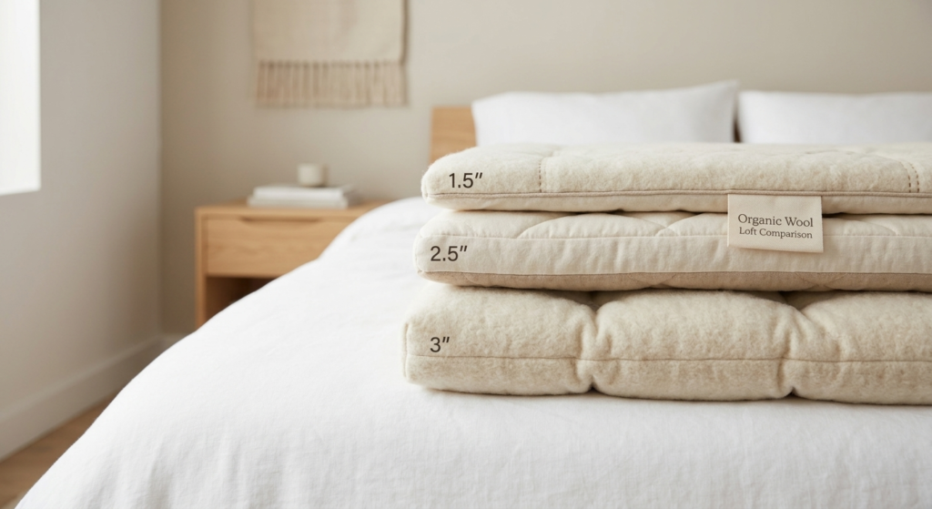 Comparison of organic wool mattress topper thickness levels from 1.5 inches to 3 inches.