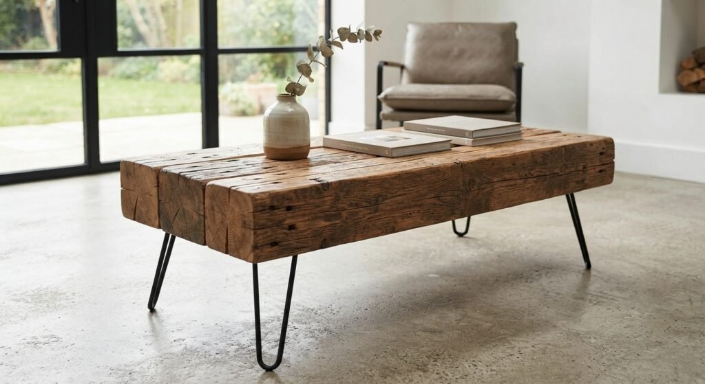 A rustic modern reclaimed wood coffee table with black hairpin legs in a bright living room