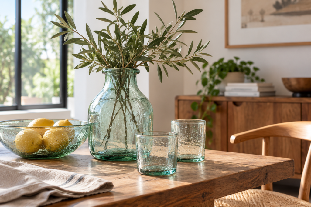 Recycled glass vase and glassware used as decorative accents in a natural interior