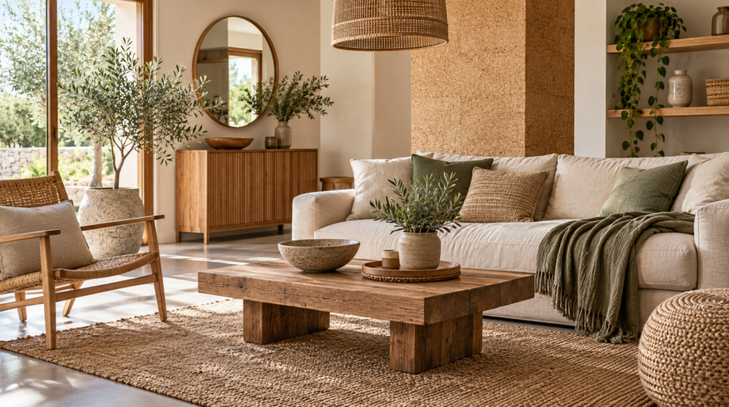 Interior design with sustainable materials in a bright natural living room