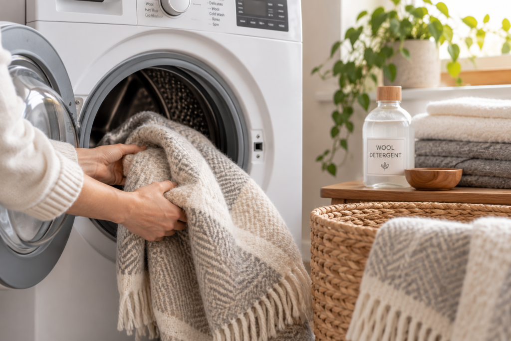 Wool blanket being washed on a gentle cycle