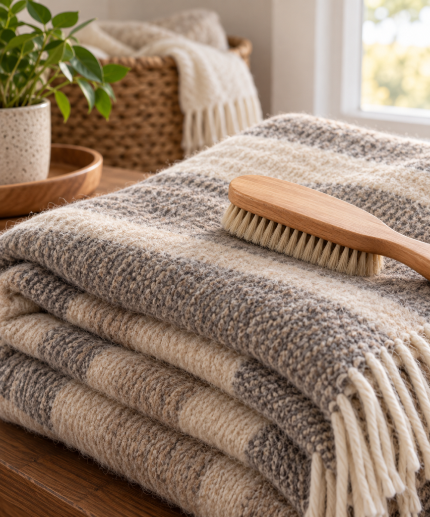 Wool blanket with brush for long-term care and maintenance