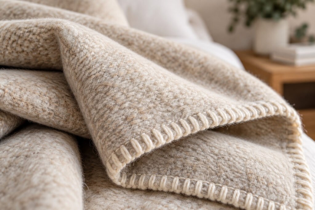 Close-up of woven wool blanket texture and stitched edge