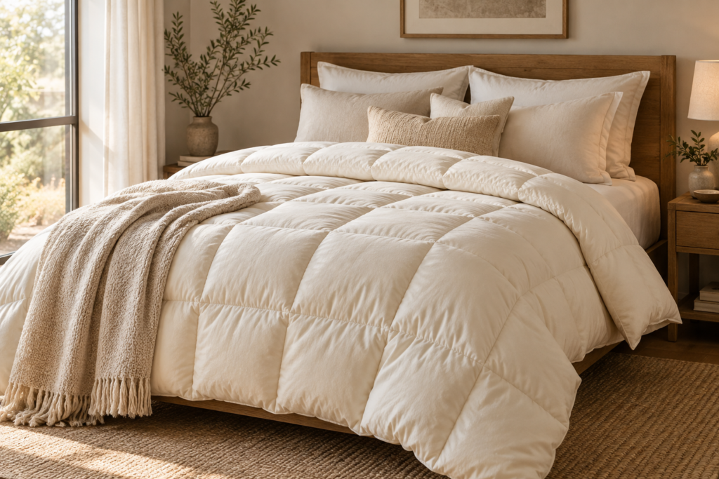 Wool comforter on a cozy bed in a natural bedroom