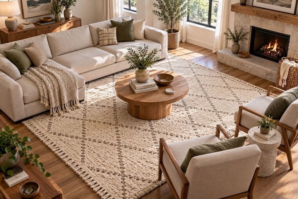 Large wool rug defining a living room seating area