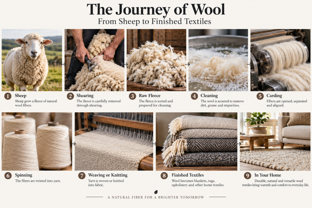 Journey of wool from sheep through shearing, cleaning, carding and spinning to finished textiles