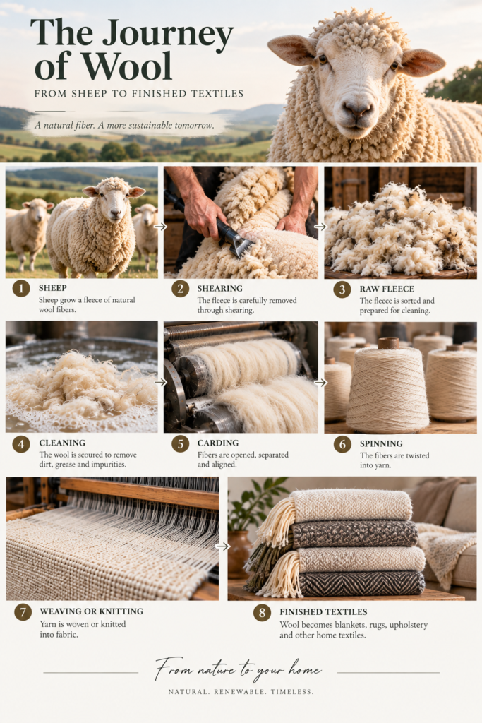 Journey of wool from sheep through shearing, cleaning, carding and spinning to finished textiles