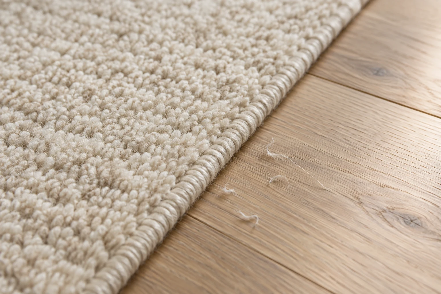Close-up of a cream rug edge with a few loose fibers on the adjacent wooden floor.