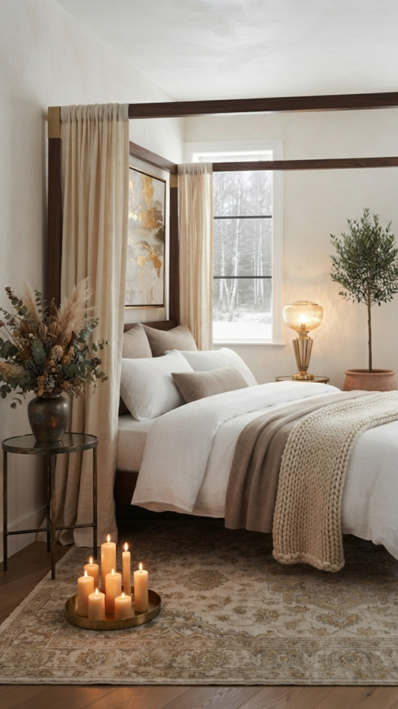 A high-end, luxurious bedroom featuring a premium chunky knit merino wool blanket, elegant canopy bed, warm lighting, and sophisticated decor