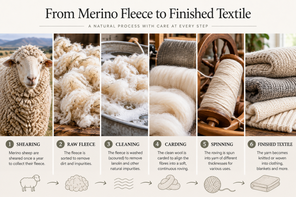 Merino fleece processing from sheep to finished wool textile