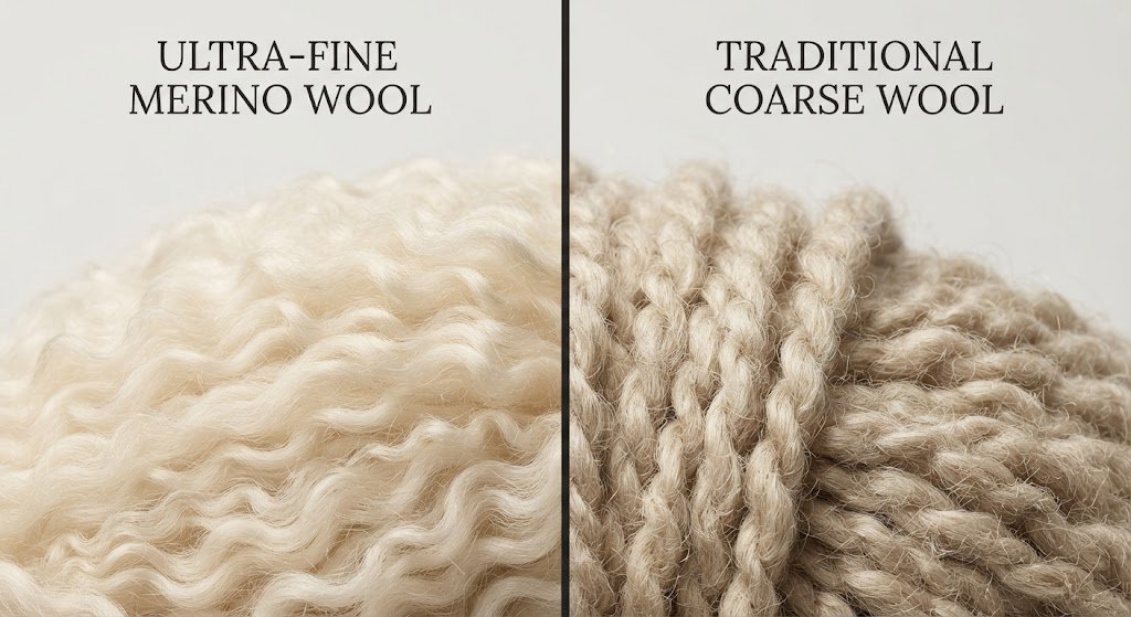 Macro view comparing ultra-fine merino wool fibers and traditional coarse sheep wool fibers