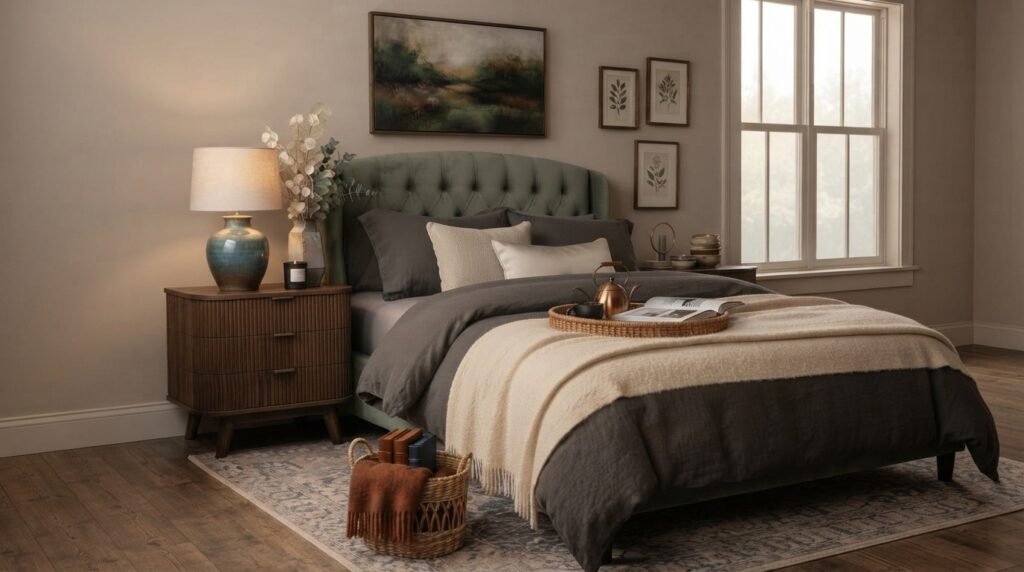 A luxurious, high-end bed styled with a chunky knit merino wool throw blanket, crisp linen sheets, and warm ambient lighting in a cozy bedroom