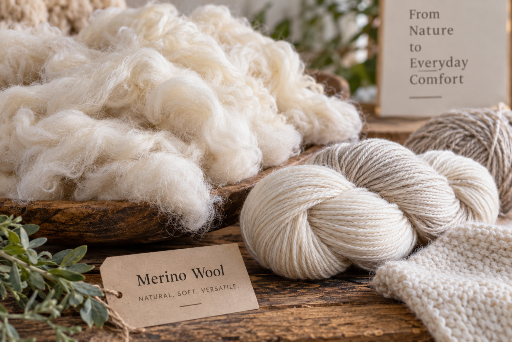 Fine Merino wool fibers and spun Merino wool yarn