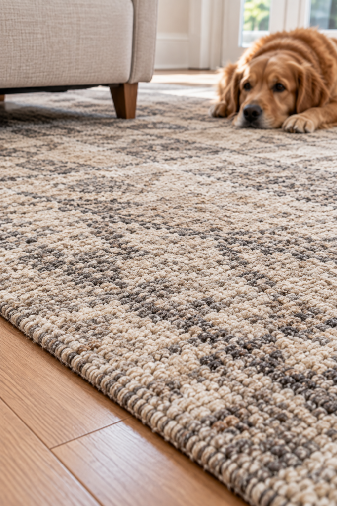 Textured rug in a home with a dog resting in the background