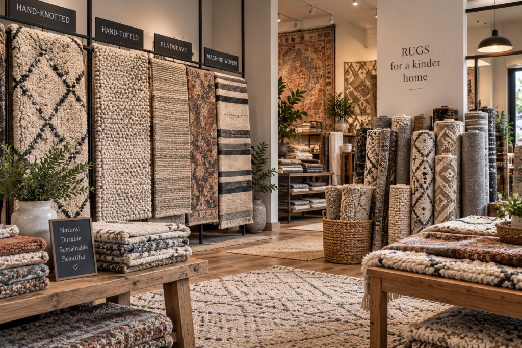Different types of wool rugs in a rug showroom