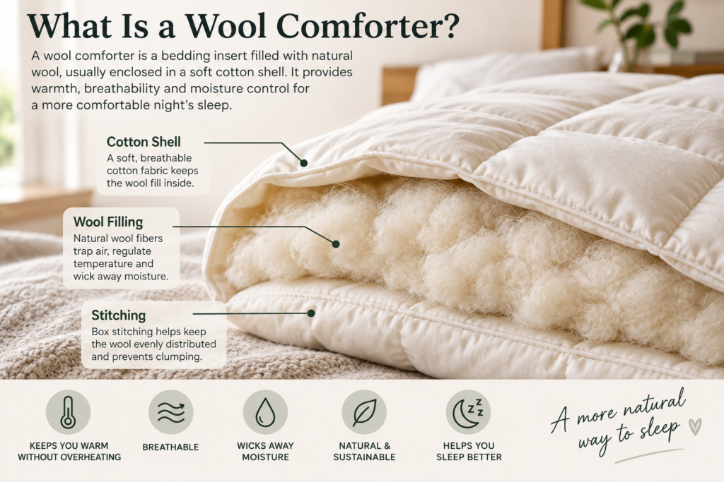 Wool comforter construction with natural wool filling and cotton shell