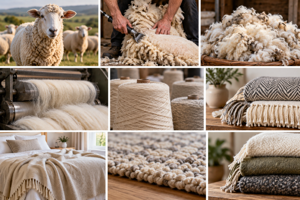 Wool production from sheep and shearing to yarn, blankets and rugs