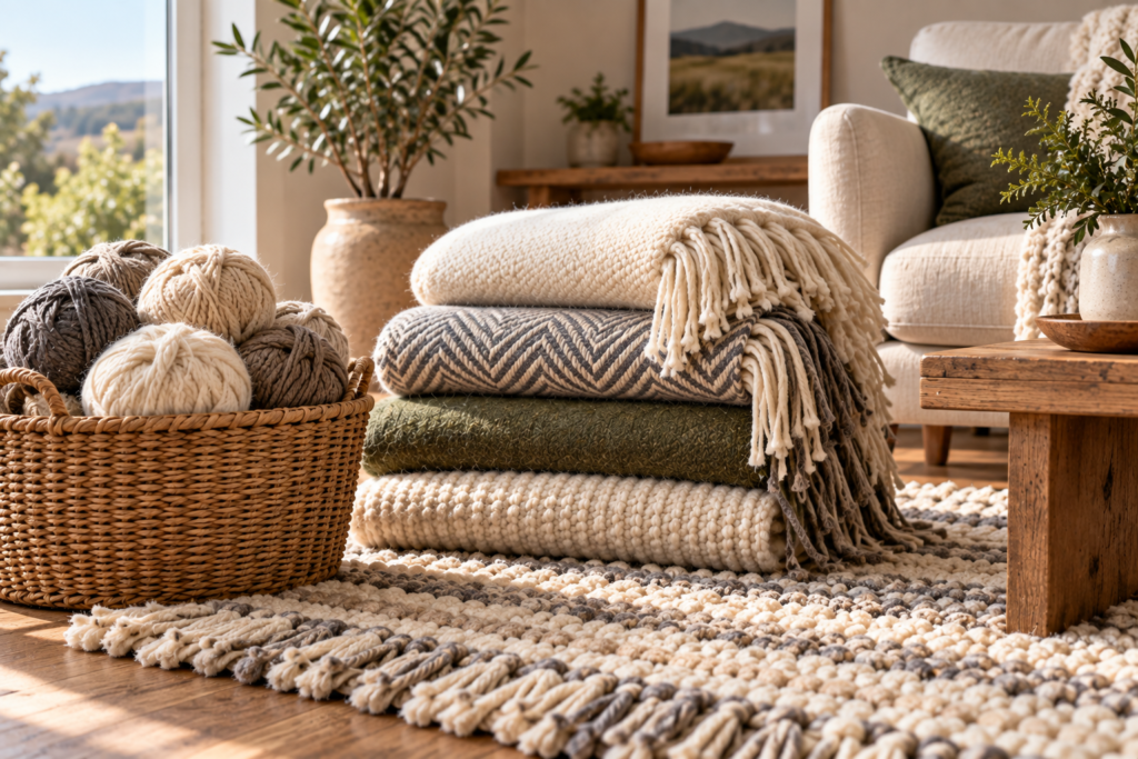 Wool rugs, blankets and yarn used as natural home textiles