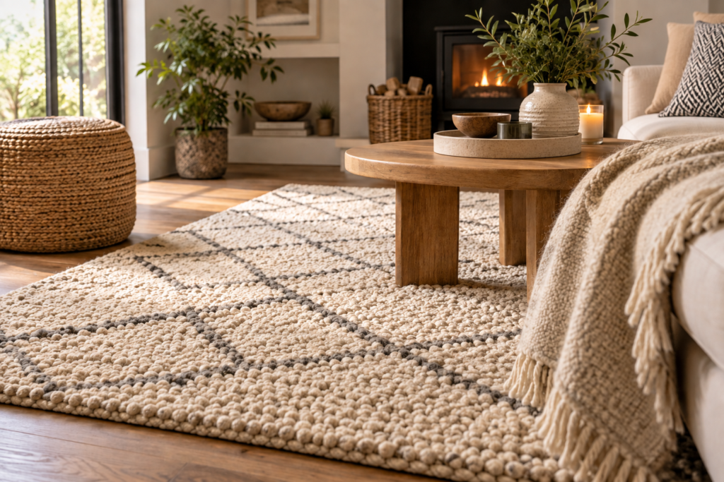 Cream wool rug in a cozy modern living room