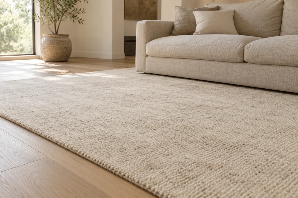 Cream wool rug with a textured pile beside a linen sofa in a bright living room.