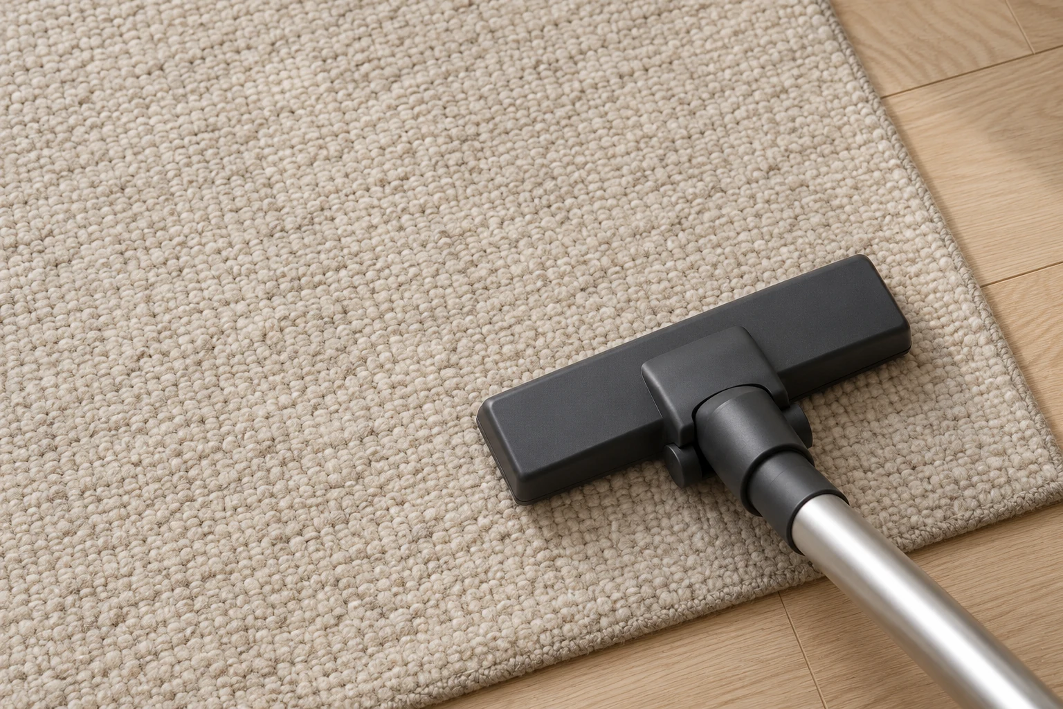 Unbranded smooth vacuum suction head resting on a low-pile wool rug.