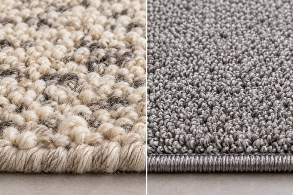 Close-up comparison of wool and synthetic rug textures