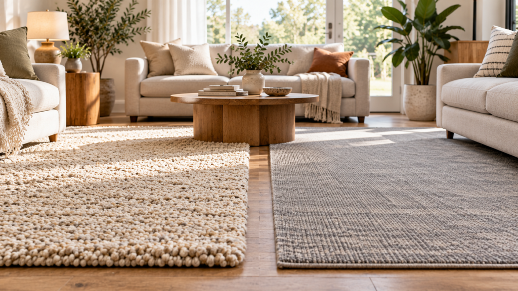 Wool vs synthetic rugs in a bright modern living room