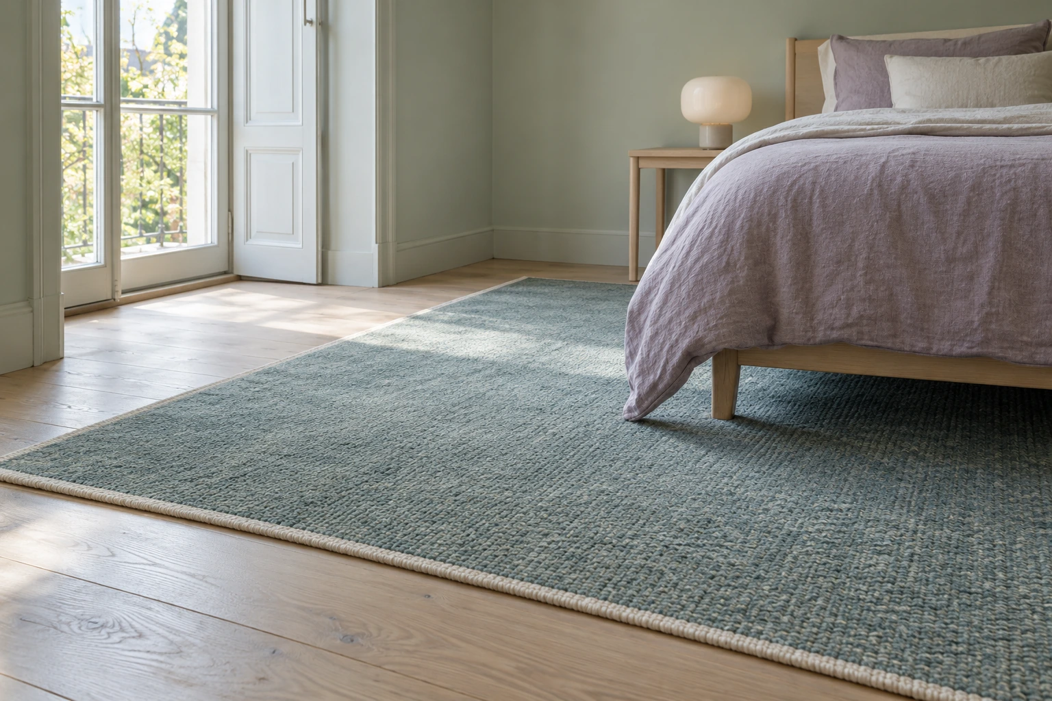 Blue-green wool rug beside an ash-wood bed in a pale green bedroom