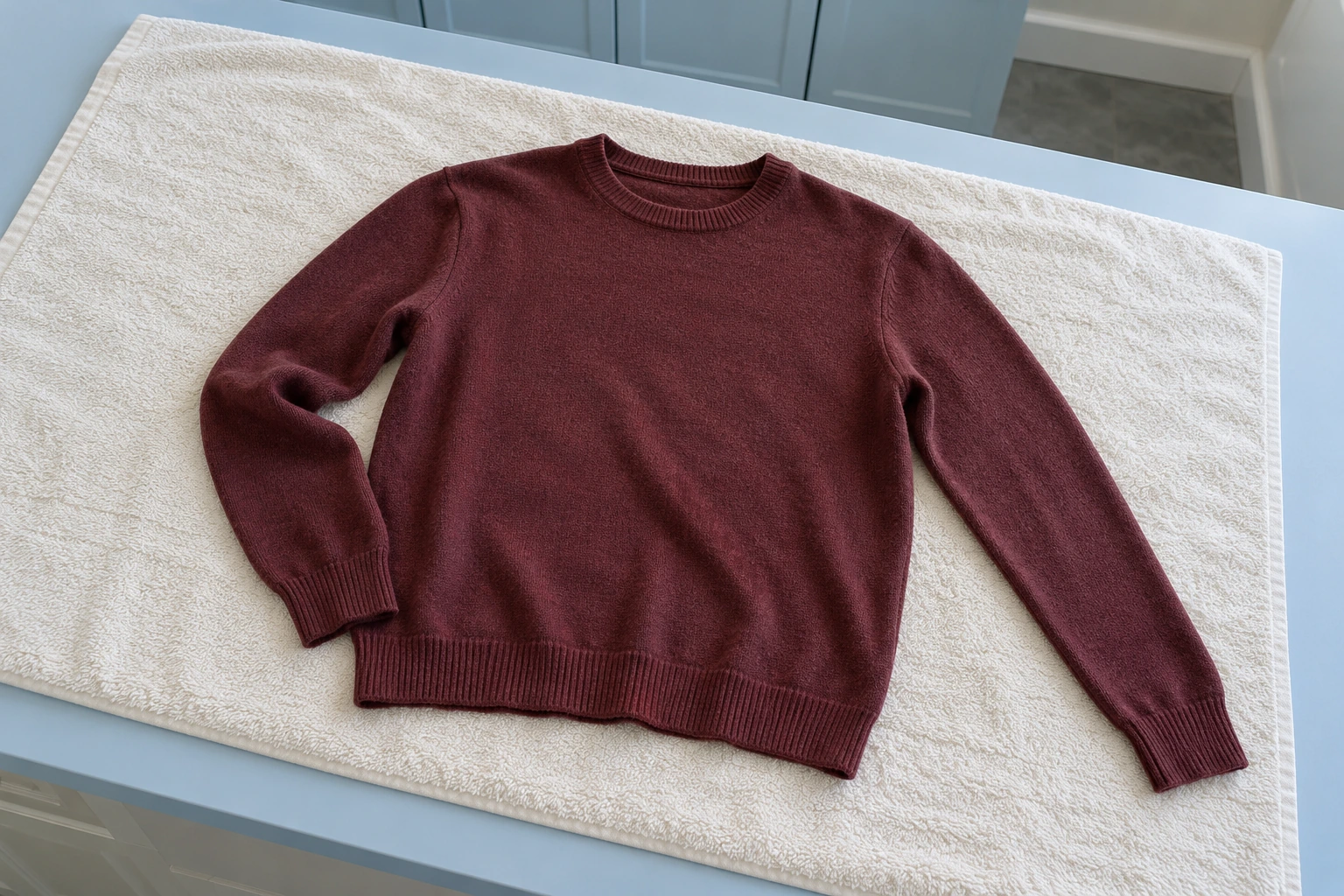 Burgundy wool sweater arranged flat on a white towel on a blue laundry counter