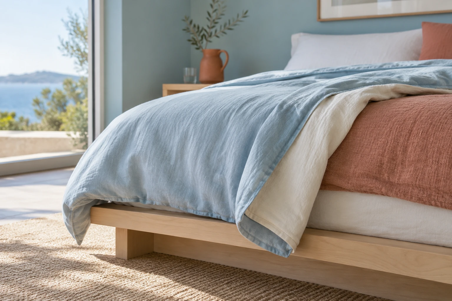 A light-blue comforter turned back over a cinnamon-colored layer on a pale-wood bed.