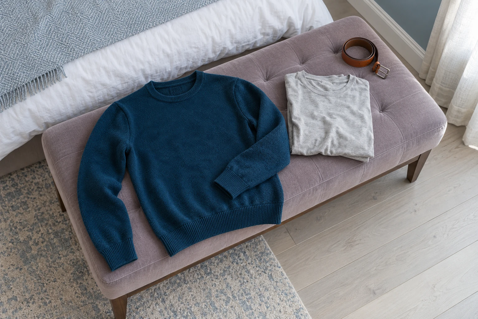 Petrol-blue wool sweater and folded light gray cotton underlayer beside a leather belt on a lavender bedroom bench