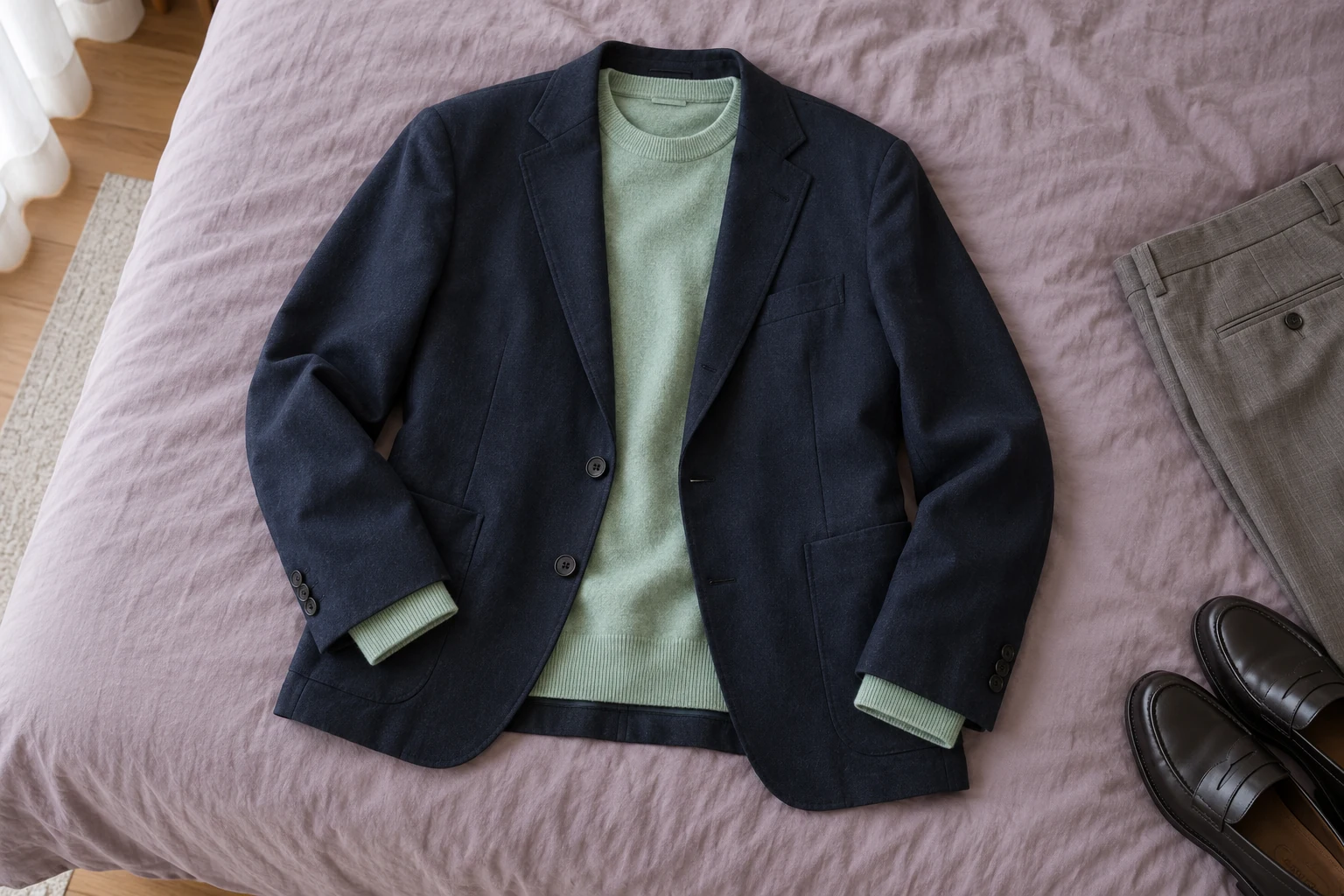 Sea-glass-green crewneck layered beneath a navy blazer on a lilac bedcover