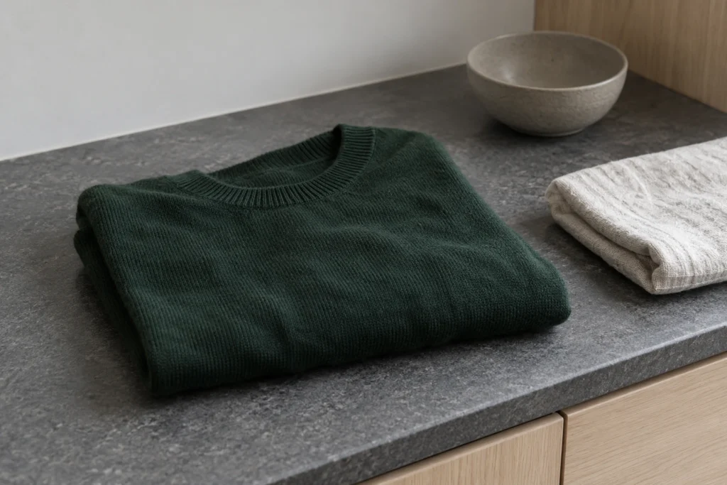 Dark forest-green wool sweater folded beside a pale linen towel and ceramic bowl on a gray laundry counter