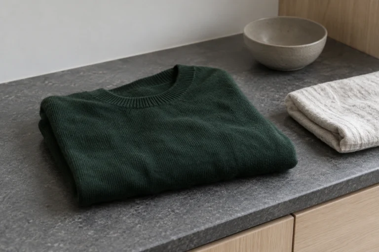 Dark forest-green wool sweater folded beside a pale linen towel and ceramic bowl on a gray laundry counter
