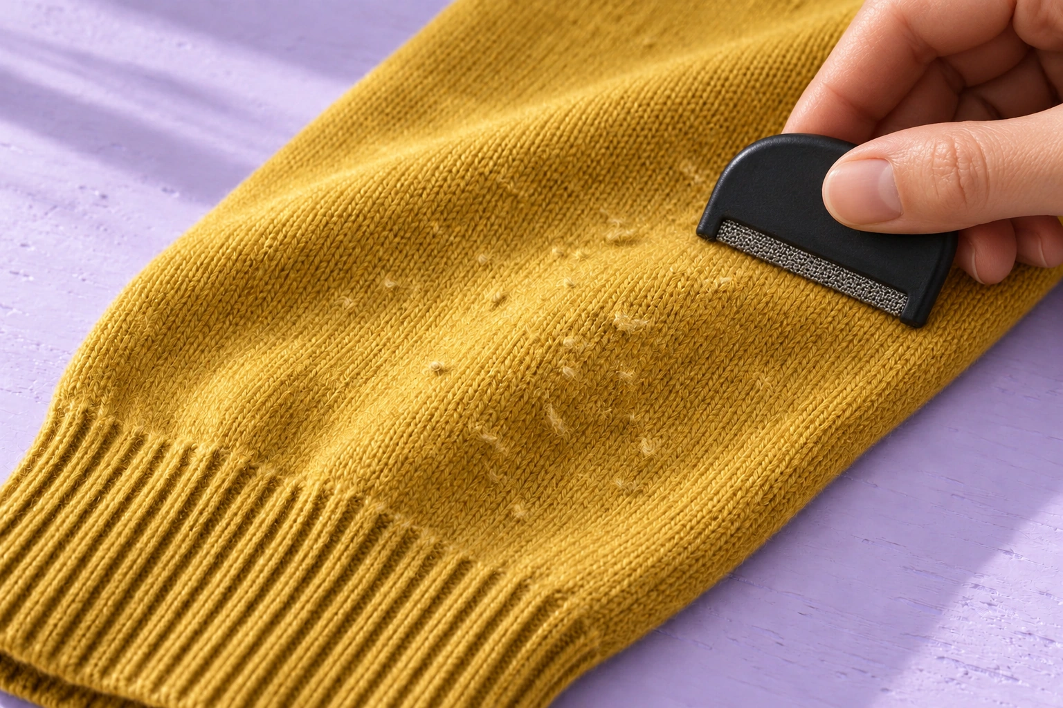 A hand positioning a wool comb on a mustard-yellow sweater sleeve laid flat on a pale table.