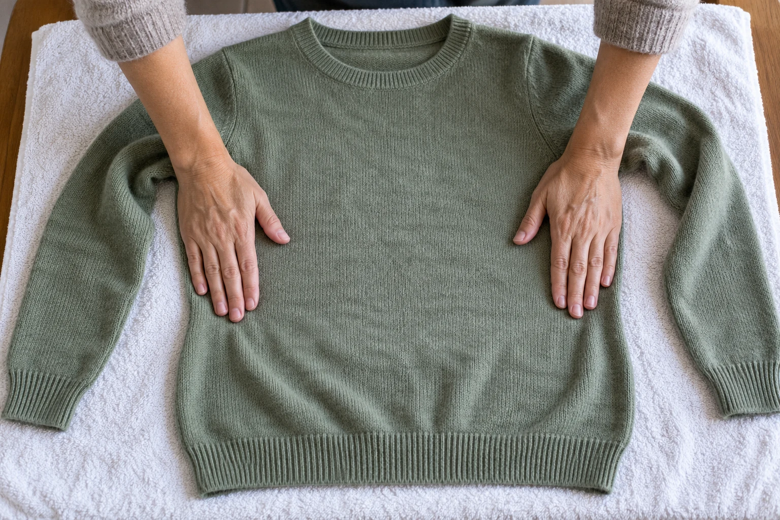 Hands gently smoothing a damp sage-green wool sweater on a white towel