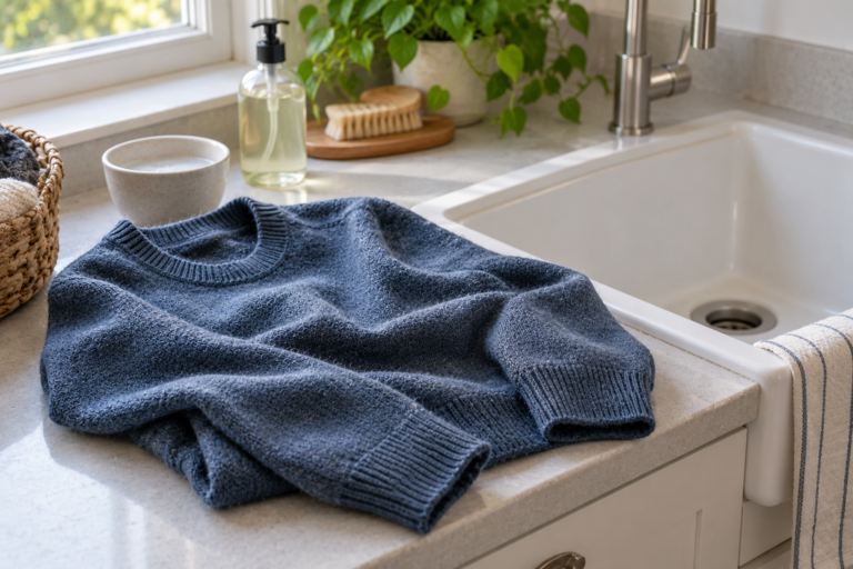 Slate-blue knit sweater beside a white wash basin in a bright laundry space.