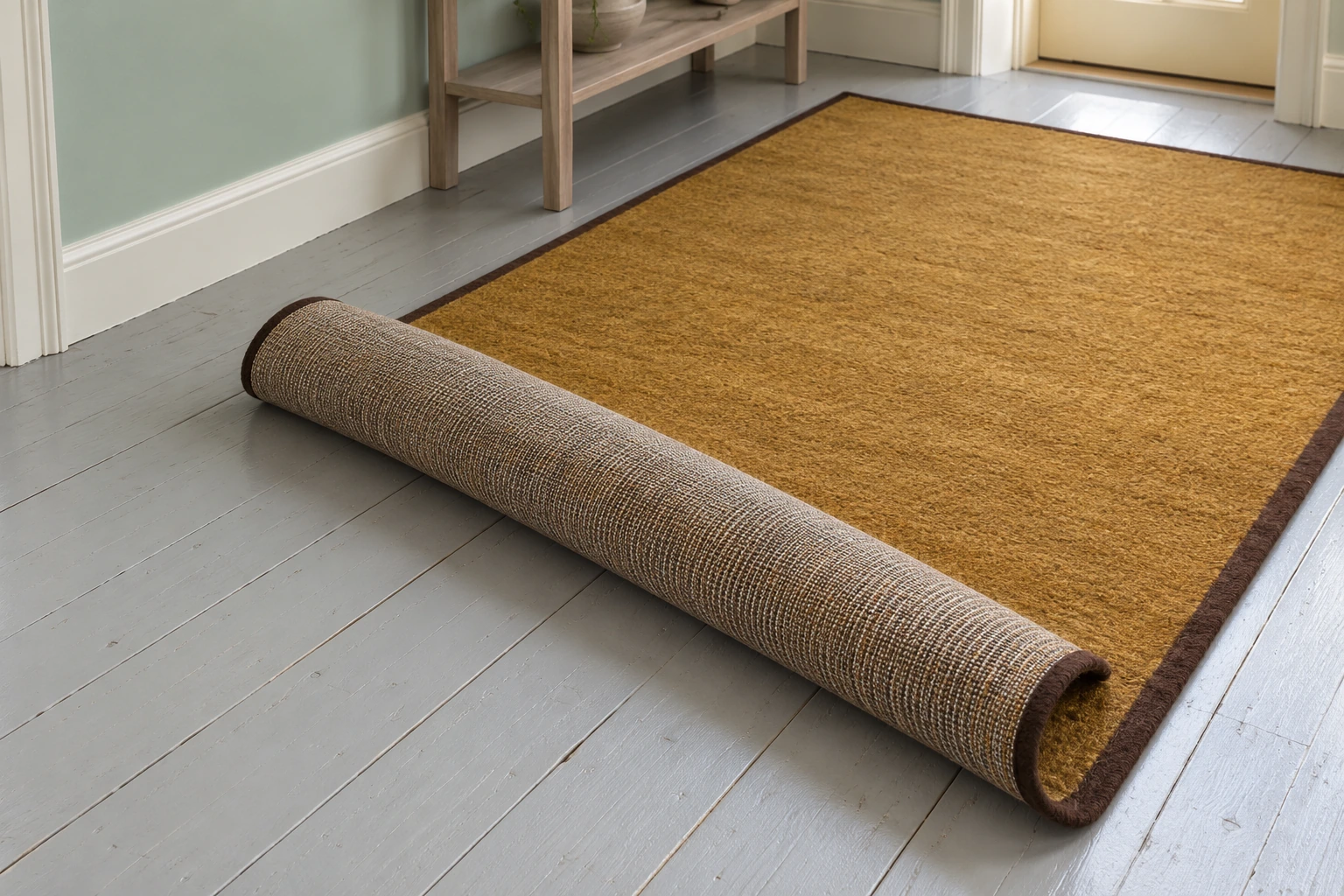 Ochre wool rug with one end rolled back to expose its woven underside and the floor beneath