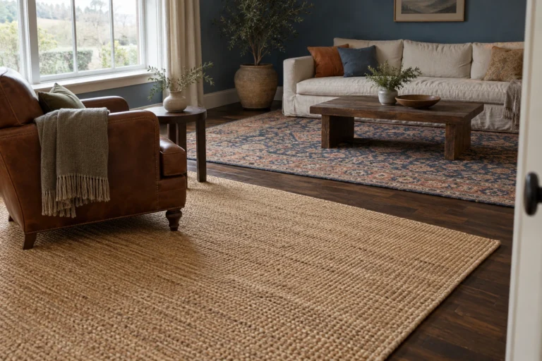 Natural jute flatweave and blue patterned wool rugs in separate living-room seating areas