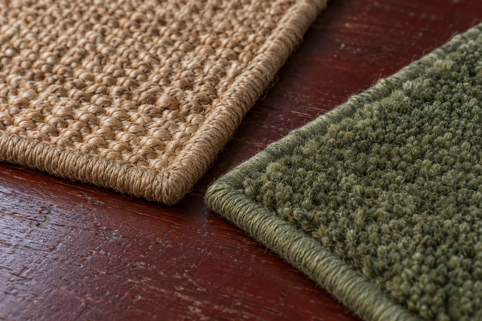 Moss-green wool rug sample beside a woven jute sample on a dark red table