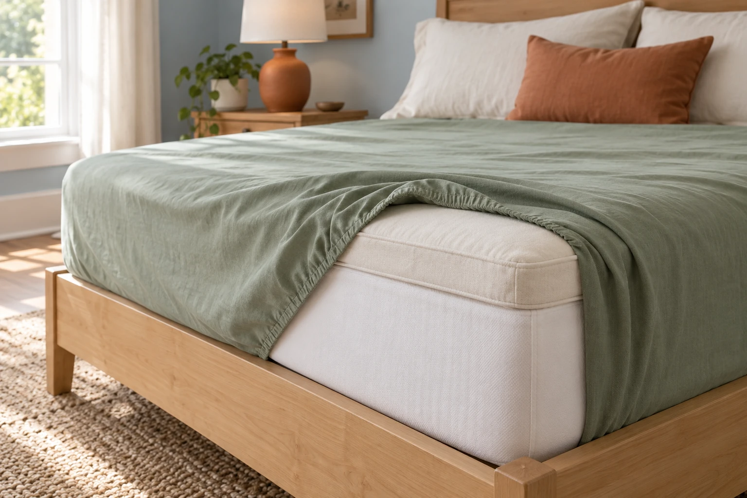Sage fitted sheet pulled back at a bed corner to show a covered topper above the mattress