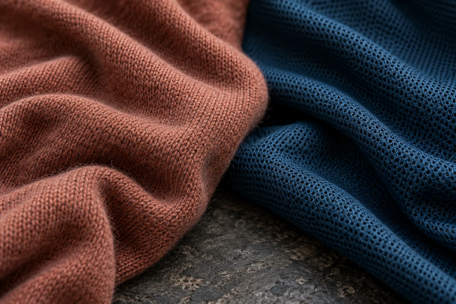 Macro comparison of terracotta Merino wool knit and dark blue synthetic polyester mesh fabric